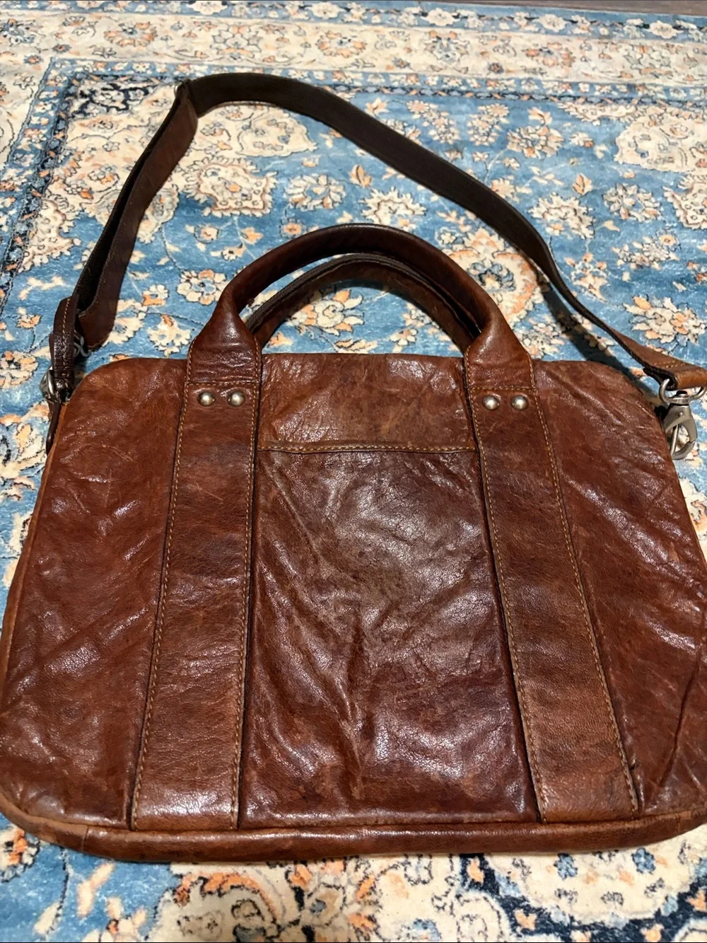 Fossil Brown Leather Laptop Messenger with Floral Stitching